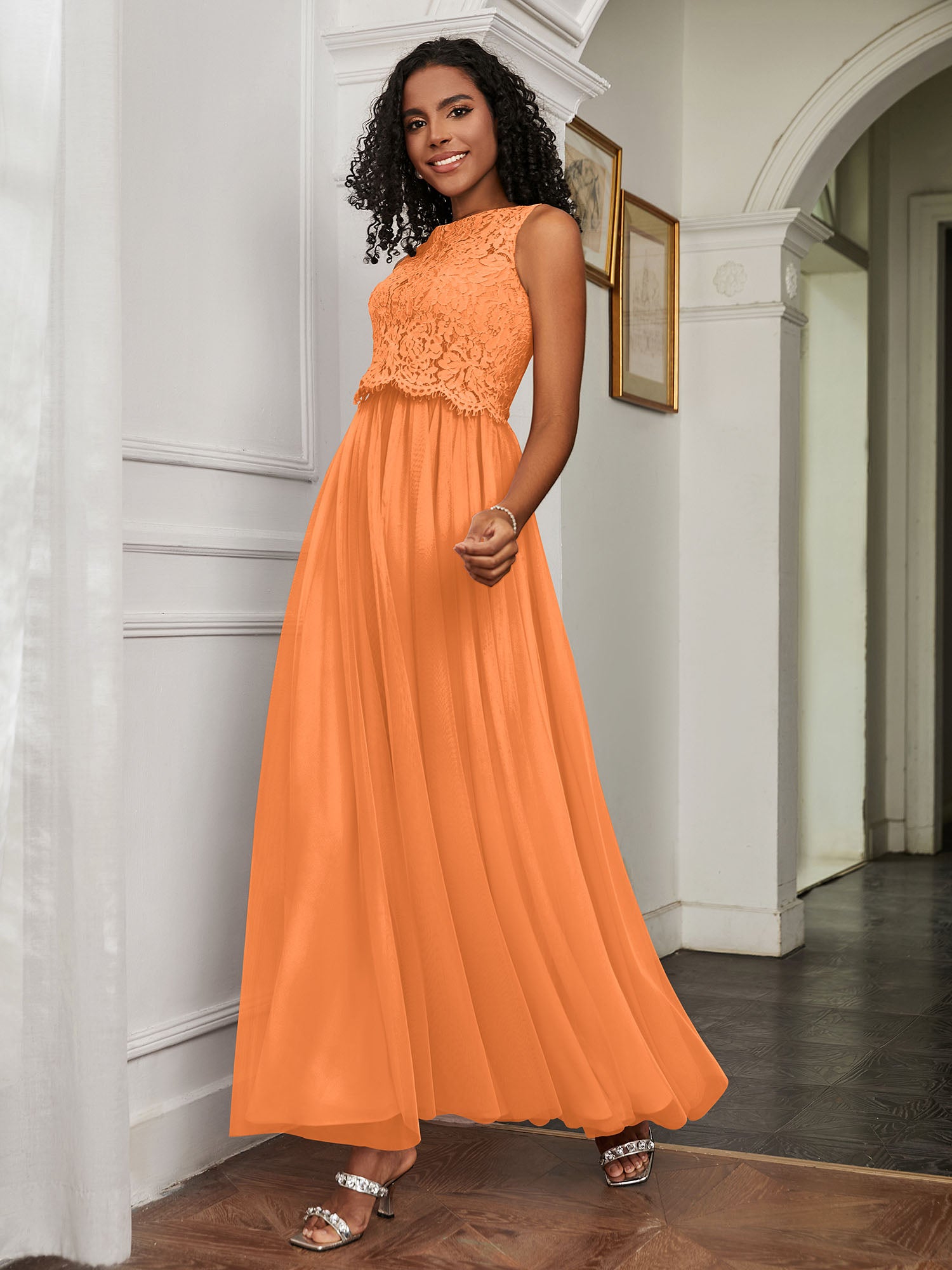 A-Line Jewel Neckline Tulle Dress Orange